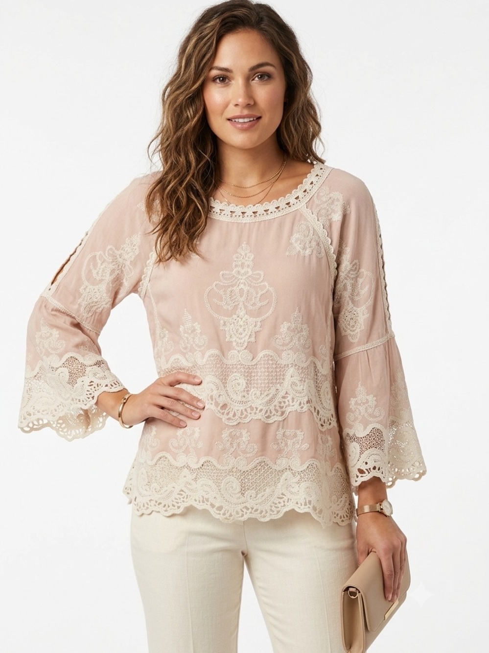 Democracy Blush Pink Embroidered Lace Boho Peasant Blouse Size XS NWT